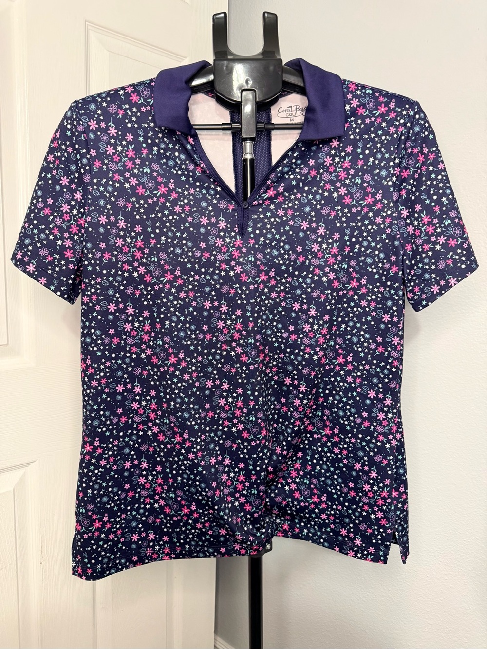 Coral Bay Golf Women's Navy Blue Floral Print Short Sleeve Polo Shirt Size M